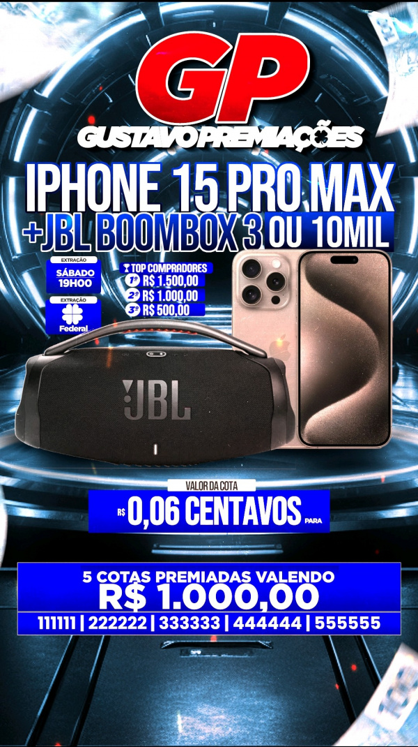 IPHONE 15 PRO MAX+JBL BOOMBOX 3 OU 10MIL